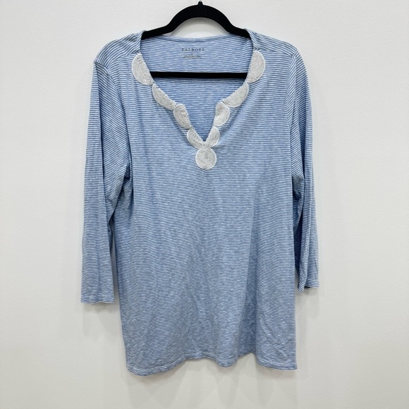 Talbot's Beaded Blue white stripe Tunic Top Cotton Blouse Women's Size Large - Picture 2 of 5